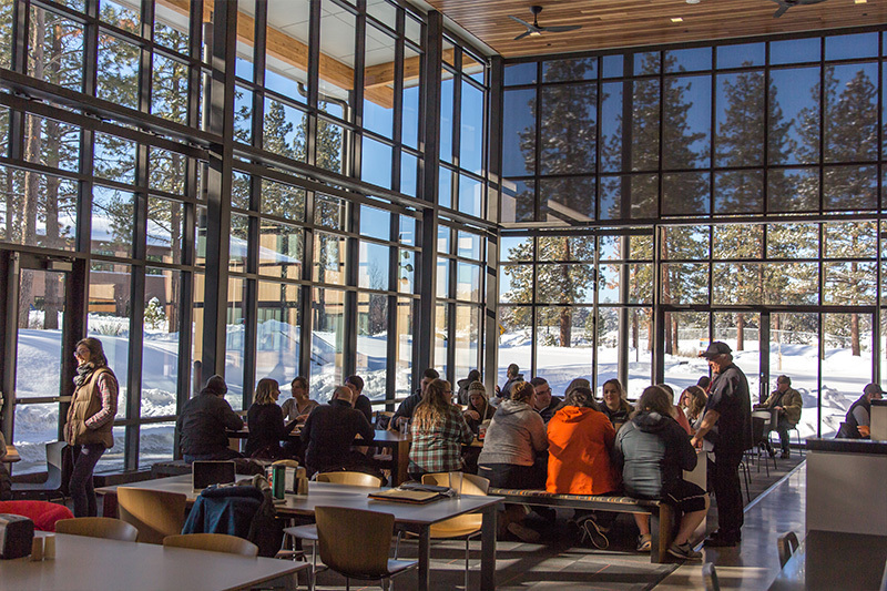 students sitting together at a table surrounded by windows