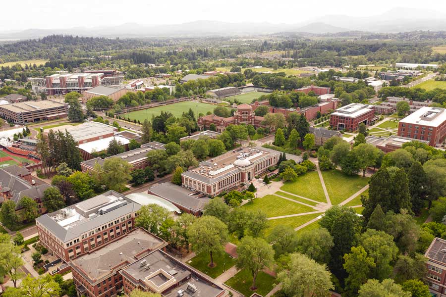 aerial of Corvallis campus that features brick buildings and a central lawn quad