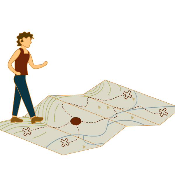 a person walking on an oversized map that has multiple destinations marked