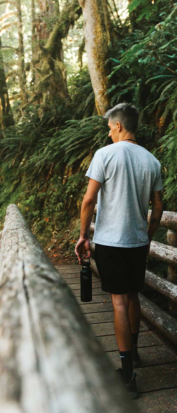 person walking across a wooden bridge in a forest