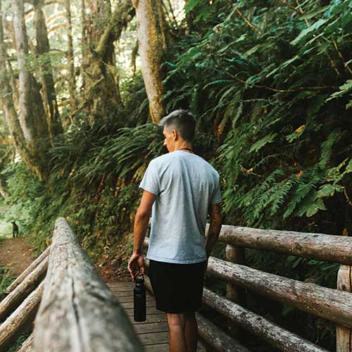 person walking across a wooden bridge in a forest
