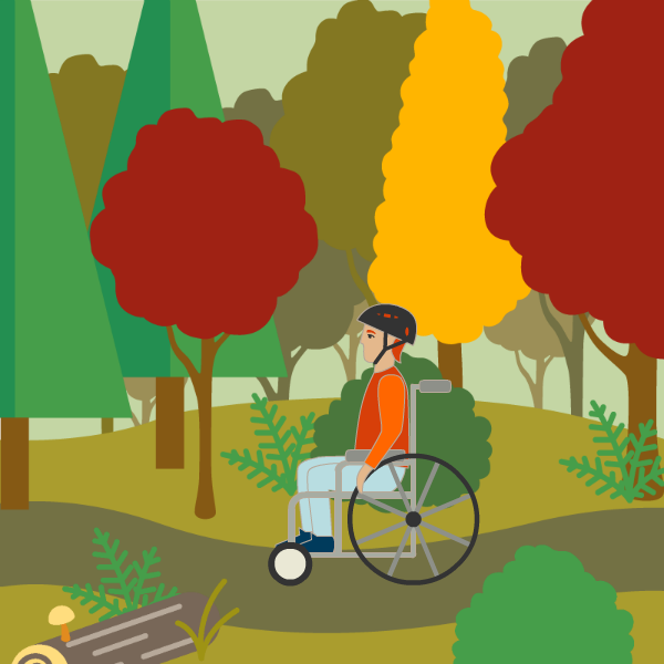 person in a wheelchair rolling through the forest