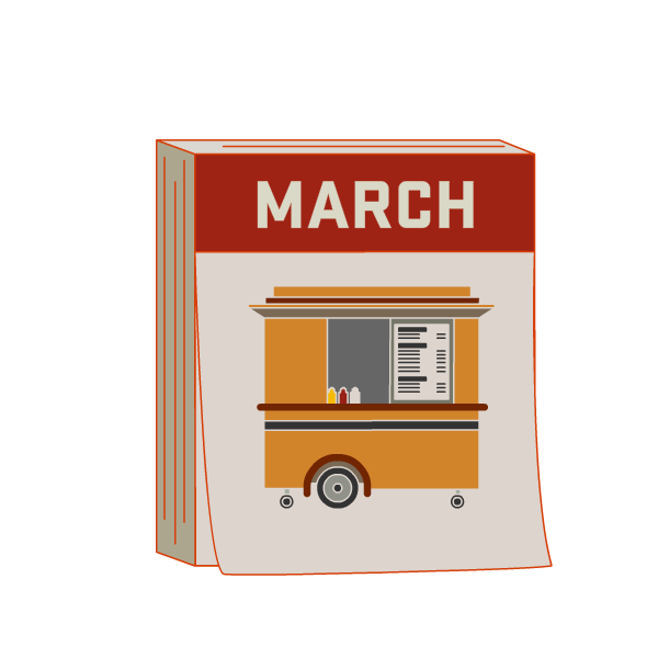 paper calendar of March with a food truck in place of the calendar grid
