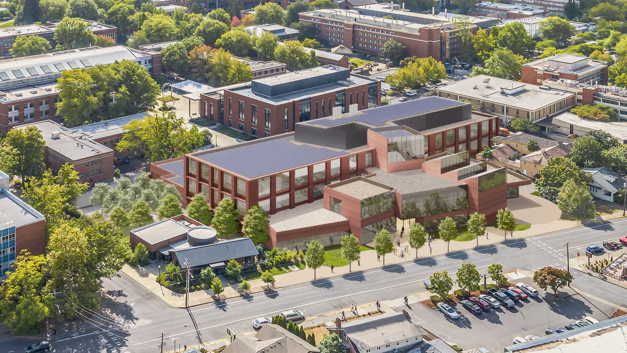 rending of a brick building with large windows 
