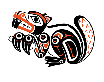 beaver illustration in the style of Native American art with orange and black blocking