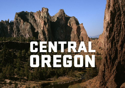 "Central Oregon" with red rock formations in the background