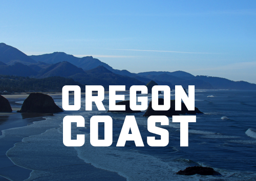 "Oregon Coast" with an aerial view of the ocean and a mountain