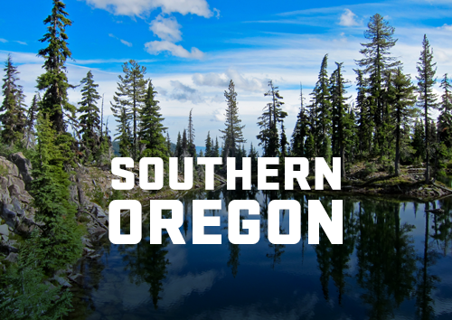 "Southern Oregon" with doug fir trees in the background