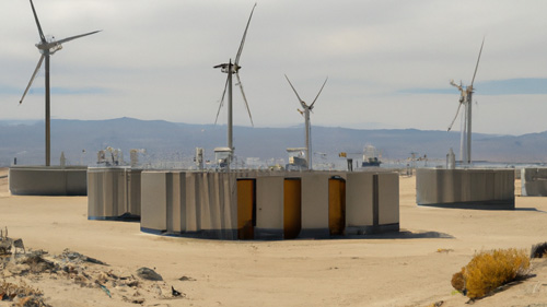 Wind turbines and a building in a desert landscape