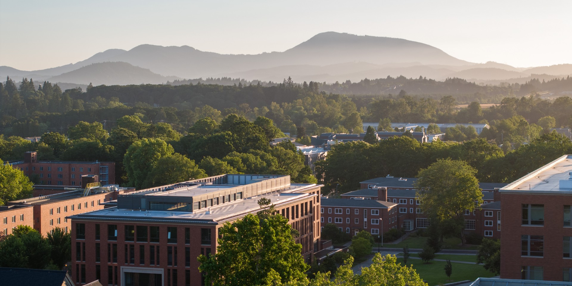 Aerial view looking west over the Corvallis campus towards Mary's Peak