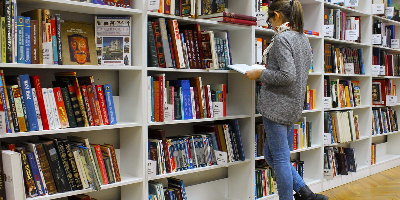 person reading at bookshelves