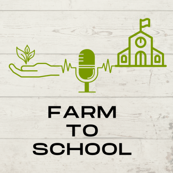 Farm to School text with a hand holding a plant, a microphone, and a school icon