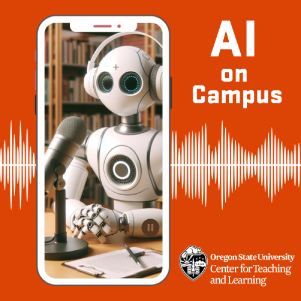 AI on campus podcast features wavelengths behind a robot at a microphone